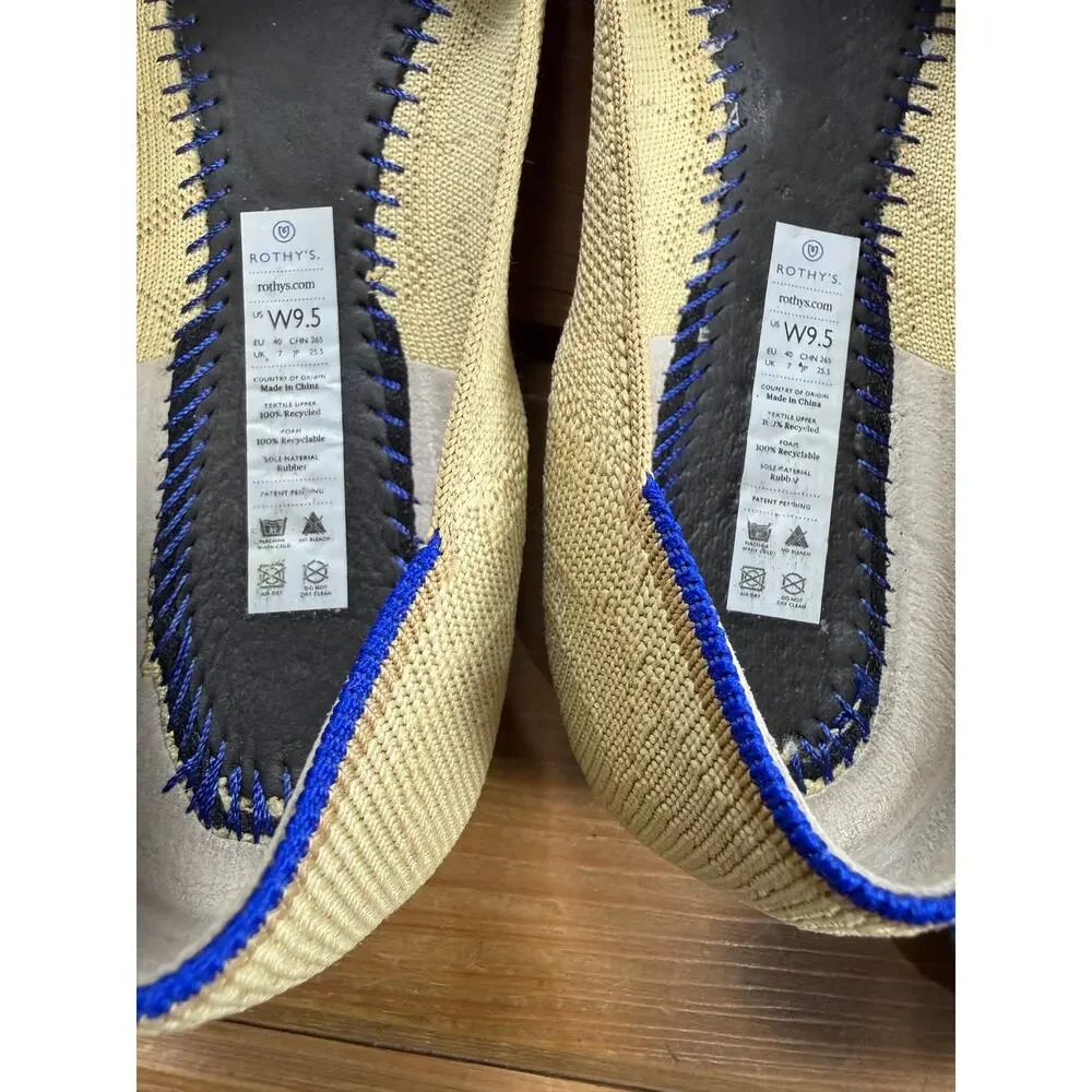 Rothy’s The Flat Beige Tan Knit Ballet Flats Blue Trim Women’s 9.5 Washable